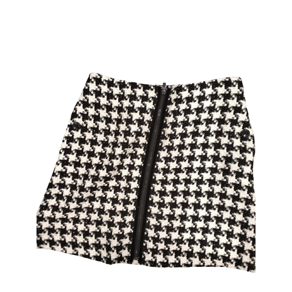 Anthropologie‎ Houndstooth Mini Skirt Black White Zip Front Tweed Size 6